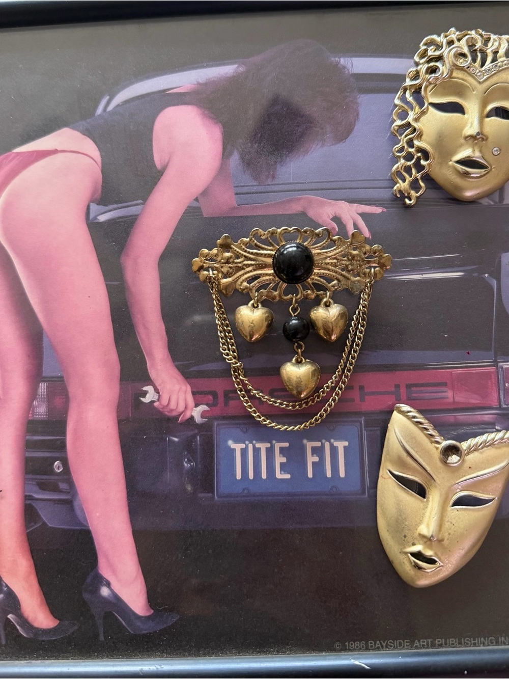 Vintage Gold-Tone Heart Drop Brooch with Black Accents